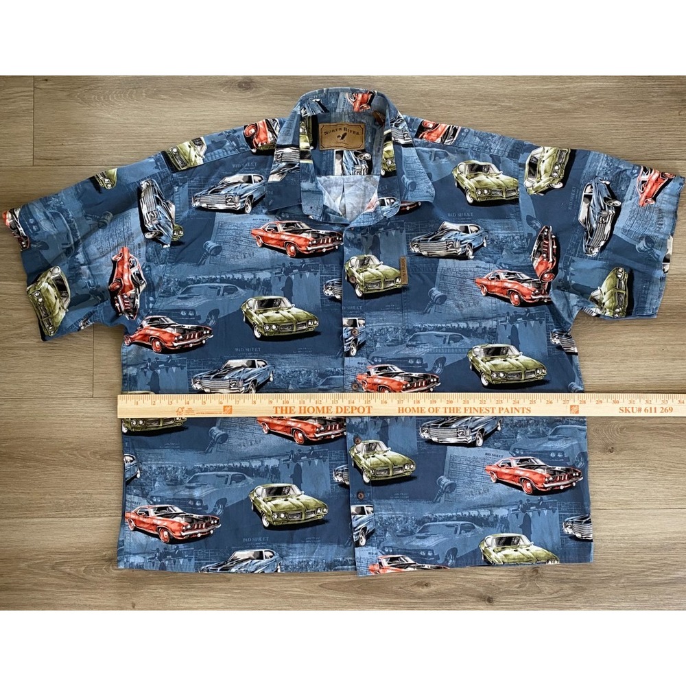 North River Mens XXL Hawaiian Shirt Blue Classic Cars Novelty Button Up